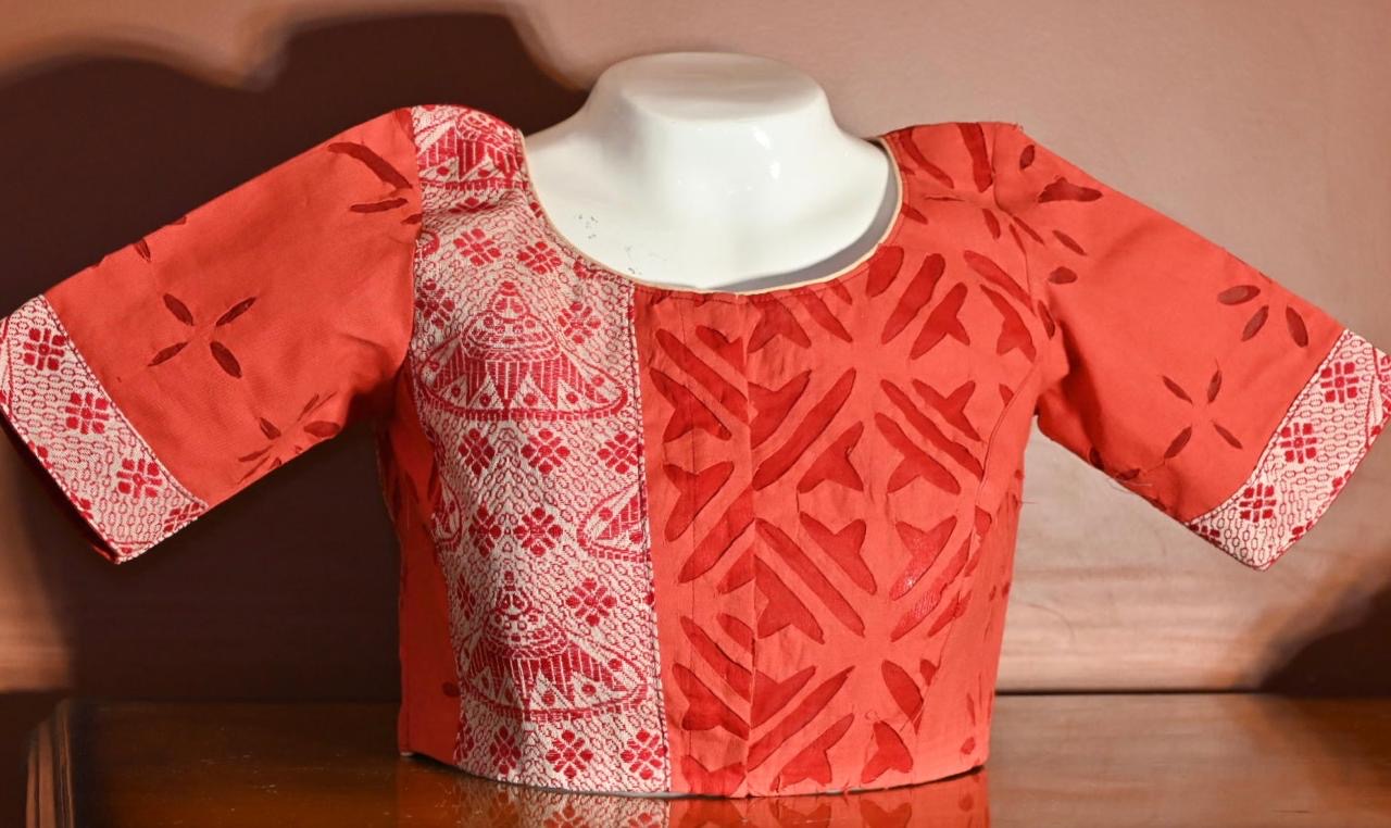 ASSAMESE JAPI DESIGNED BLOUSE FUSED WITH APPLIQUE/CUT WORK FABRIC OF RAJASTHAN-